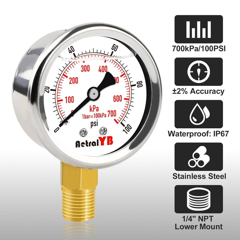 AetralYB مقياس ضغط 0-100 Psi بحجم 2 بوصة، مملوء بالجليسرين، تركيب سفلي 1/4" NPT، من الفولاذ المقاوم للصدأ، مقياس ضغط فلتر رمل المسبح، مقاوم للماء لمضخة المياه، ضاغط الهواء، خزان البئر، منظم RV - Image 2